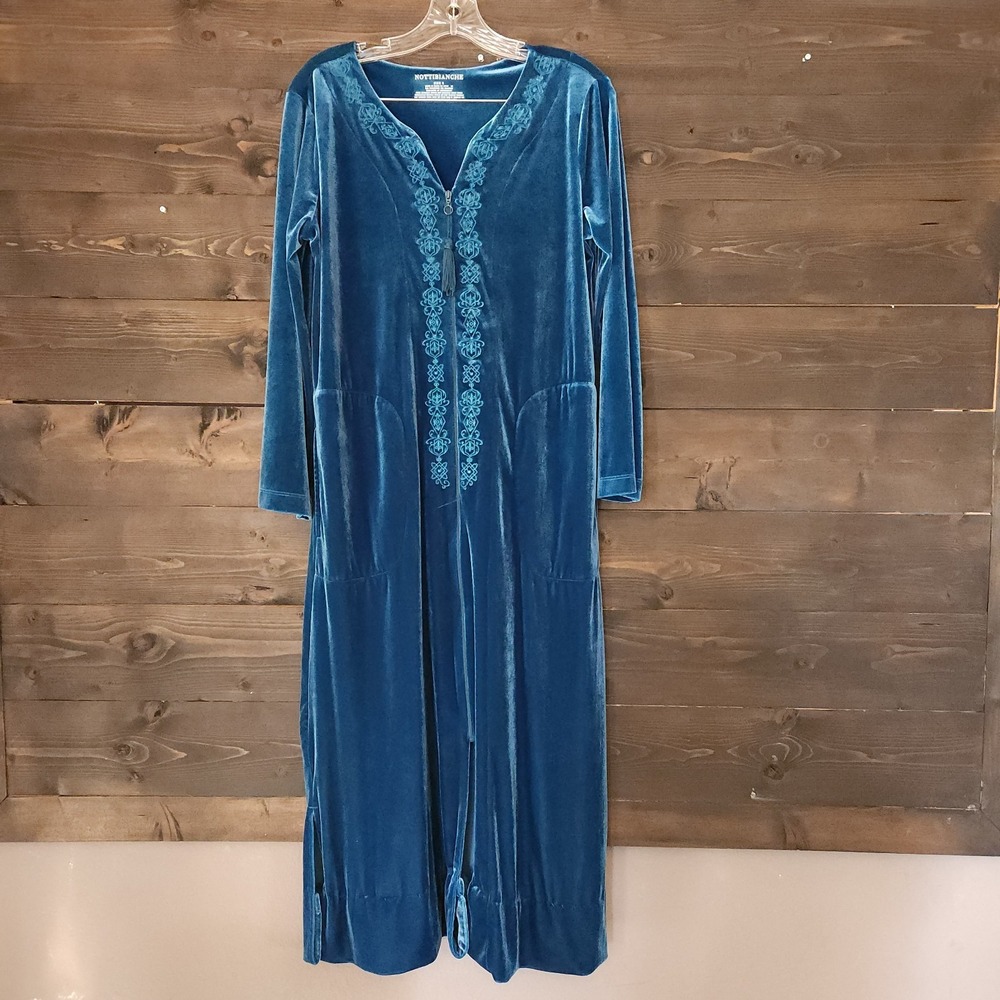 Nottibianche Soft Velour Velvet Embroidered Full Zip Robe Small Pocket Dark Teal